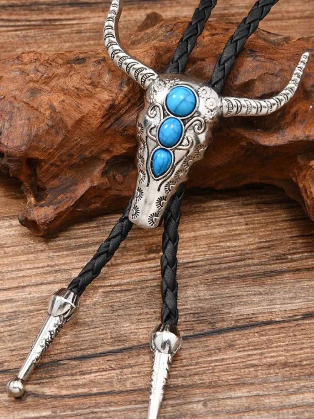 NWT Western Longhorn Bull Skull Faux Turquoise Vegan Leather Bolo Tie Necklace